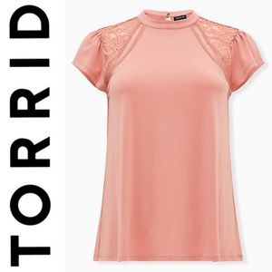 Torrid Dusty Coral Crepe Lace Inset Cap Sleeve Top